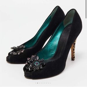 Giuseppe Zanotti Black Suede Crystal Embellished Peep Toe Platform Pumps